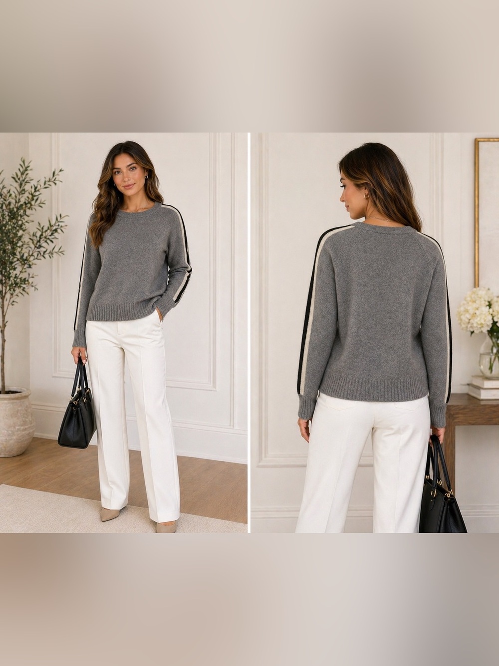 C by Bloomingdale’s 100% Cashmere Sweater Gray Stripe Sleeve Size M